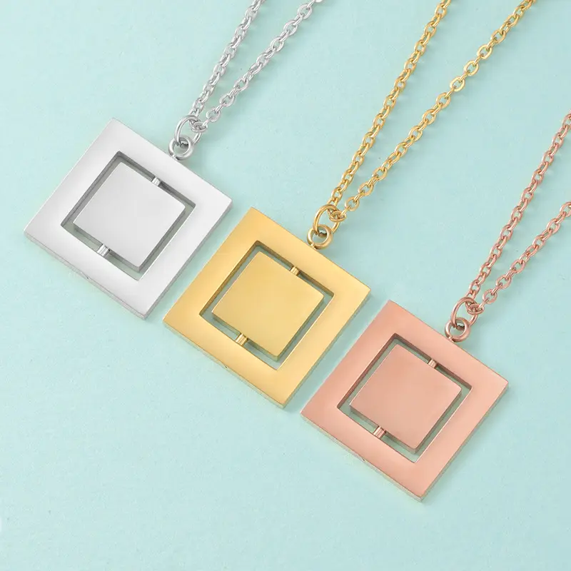 Wannee New Double Layer Geometry Stainless Steel Rotating Necklace Custom Engrave Spinner Rotatable Square Pendant Necklace