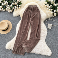 Pantalon large en velours à taille haute élastique pour femme, coupe décontractée et droite, longueur au sol, idéal pour l'automne et l'hiver
