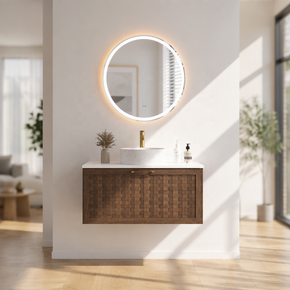 Ratten's Texture Modern Woven Rattan-Texture Vanity Wall Mounted Bathroom Cabinet Basket ...