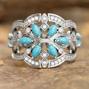 Bracelet T0897 pour femme en argent tibétain et turquoise, design géométrique, serti de diamants ronds taille brillant, bijou cadeau - Product Image 1