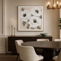 Peinture à l'huile de fleurs de pivoine blanche texturée Peinture murale florale peinte à la main avec des accents de menthe Décoration pour un intérieur élégant
