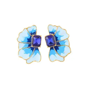 2024 Gold Stud fine jewelry Earrings with Vintage French Blue Petal Design Trendy Copper fashion Jewelry for women Blue Crysta