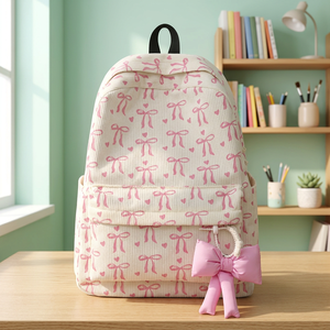 Girls' Fashion Casual Cute Stylish Versatile Bow <b>Backpack</b> with Corduroy and Zipper Closure for School - Product Image 3