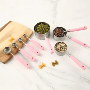 Enhance Your Culinary Journey with our Vibrant Pink Handled 8 Pcs Set of Premium Stainless Steel Measuring Cups and Spoons