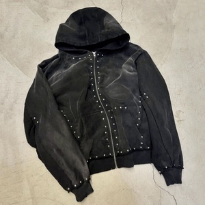 Sudadera con capucha para hombre OEM personalizada, de felpa francesa, con cremallera, estilo streetwear, funcional, con efecto descolorido por el sol, lavado ácido, con remaches y pedrería, de peso pesado - Product Image 1