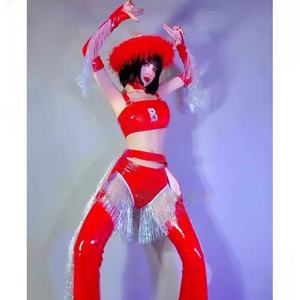 Bar Gogo Bühnen-Tanzkostüm DS Rote Fransen 100% Polyester Schlaghose Sexy Tanz BGO Sängerin Show - Product Image 5
