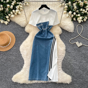 Abito Estivo Elegante a Linea A con Scollo Tondo per <span class=keywords><strong>Donne</strong></span>, Vestito in Denim Patchwork - Product Image 1