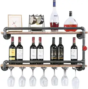 Casiers à vin industriels muraux avec porte-verre à 7 tiges, porte-vin suspendu en métal rustique à 2 niveaux, porte-bouteille mural de 36 pouces