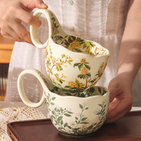 Tasse en céramique florale en gros avec poignée incurvée, idéale pour le petit-déjeuner, le porridge, cadeau d'anniversaire pour femme, petite amie, meilleure amie, souvenir