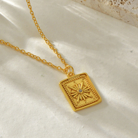 AN094 Collier pendentif carré vintage en argent sterling 925 plaqué or avec médaillon soleil bohème pour femme, bijoux de mode