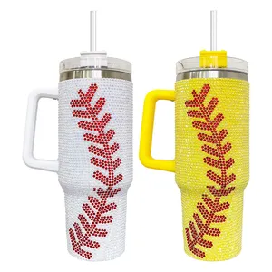 ハンドル付き40オンスラインストーン野球プリントタンブラー野球プリント魔法瓶ボトルカップ屋外キャンプカップを出荷する準備ができています