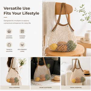 Borsa a Rete Estetica con Logo Personalizzato, Manico Lungo, Riutilizzabile, in Cotone, per Spesa <span class=keywords><strong>e</strong></span> <span class=keywords><strong>Spiaggia</strong></span> - Product Image 4