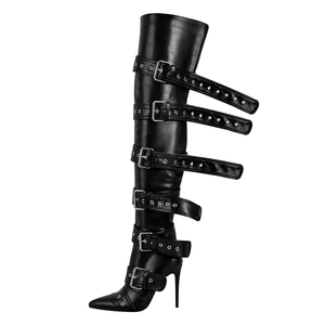 Bottes Punk Over-The-Knee pour femmes Bottes gothiques à talons aiguilles cloutées à boucles multiples - Product Image 1