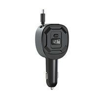 Pengisi Daya Mobil USB PD 65W dengan Kabel Data Tipe-C Retractable Terintegrasi, Layar Tampilan Tegangan Digital, Cocok untuk Mobil 12-24V