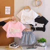Ensemble 2 pièces pour filles, haut à manches courtes avec décoration florale en perles 3D et short en jean, tenues décontractées d'été pour enfants