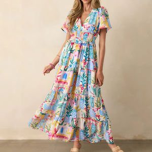 Custom watercolor print deep V-neck ruffled elastic waist short-sleeved beach <b>dress</b> high-quality rayon casual <b>dresses</b> - Product Image 4