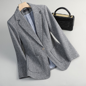 Women's Woolen Blazer Coffee Color Solid Pocket Autumn Winter Casual Suit Jacket S Size - Product Image 2