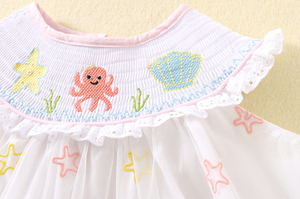Vestiti spagnoli per bambini Boutique <span class=keywords><strong>Tulle</strong></span> bianco maniche volanti abiti con collo a o-collo <span class=keywords><strong>gonna</strong></span> a stella ricamata da ragazza - Product Image 5
