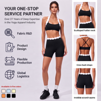 Ensemble de vêtements de sport pour femmes avec logo personnalisé, soutien-gorge rembourré extensible dans quatre directions, short froncé pour la salle de sport, vêtements de yoga et de fitness respirants et écologiques