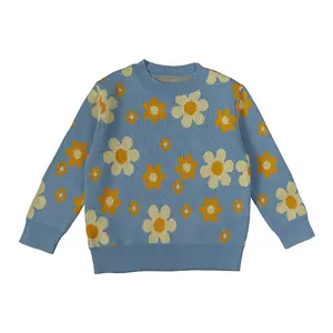 Kids Jacquard Cotton Sweater Latest Fashion Kids 100%cotton Round Neck Daisy Jacquard Knit Parent-child Outfit Pullover Sweater