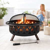 Brasero décoratif en fer avec couvercle en treillis diamanté perforé et grille anti-étincelles, brasero extérieur en fer avec pique à brasero