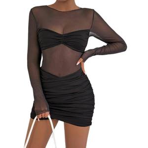 Women's Fashionable Round Neck Long Sleeved Dress Mesh <b>Patchwork</b> Short <b>Skirt</b> Sexy Pleated Hip Hugging Style - Product Image 2