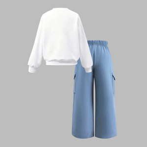 Nuova Collezione: <span class=keywords><strong>Felpa</strong></span> <span class=keywords><strong>Bianca</strong></span> con Stampa di Lettere e Pantaloni Cargo Blu per Ragazze Adolescenti, Ideali per Uscite Quotidiane - Product Image 2