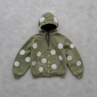 Veste à capuche zippée sur mesure pour homme, vert olive, imprimé pois, hiver, coupe oversize, effet vintage, ourlets effilochés, 100% coton