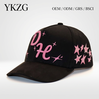 Casquette de baseball ajustable Pro en daim noir à 5 panneaux avec visière incurvée, broderie 3D étoile et doublure en satin – Emballage de marque