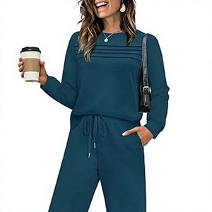 Women's Solid Color Knitted Spandex/Cotton Luxury <b>Sweater</b> <b>Set</b> Long Sleeve Crew Neck Relaxed Fit Two Piece Lounge Wear Autumn - Product Image 1