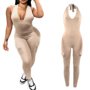 Y8831 Mono de punto ajustado con estampado de leopardo, cuello halter en V profundo, sin espalda, sexy y transpirable para mujer, tallas XS-3XL, ideal para discoteca. - Product Image 1