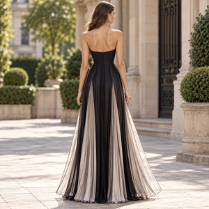 Elegante vestido de gasa sin tirantes con bloques de color negro, corte en A, largo hasta el suelo, vestido formal - Product Image 2