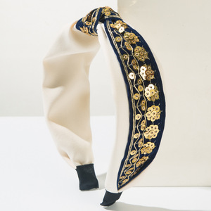 Serre-tête coréen rétro fait main en tissu à sequins pour femme, accessoire capillaire large à nœud pour mariage et fête - Product Image 4