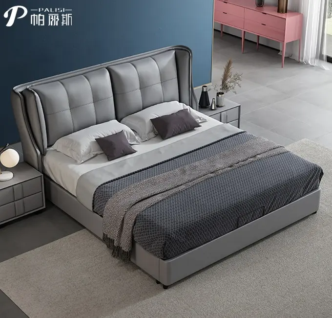 Aesthetic Bed Set with Bed Table Bedroom furniture Top Grain Genuine Leather Upholstered Cozy Double Bed