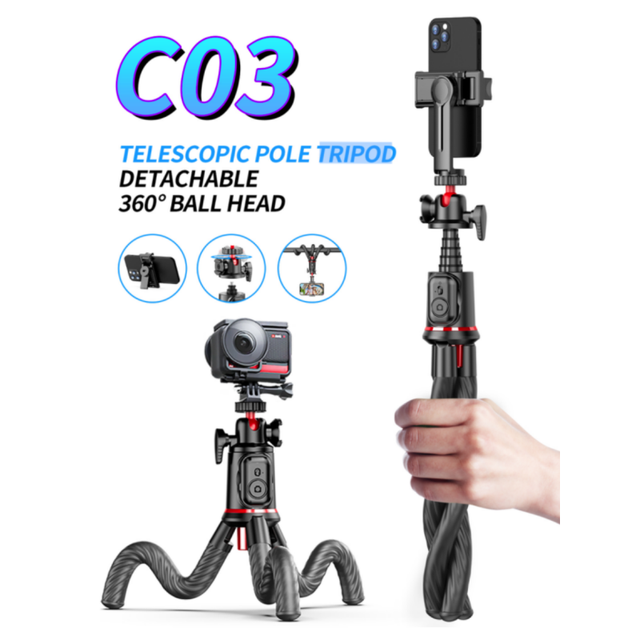 Webcam Go Pro Adaptor Flexible Octopus Telescopic Pole Tripod With Cellphone Clip Selfie Stick