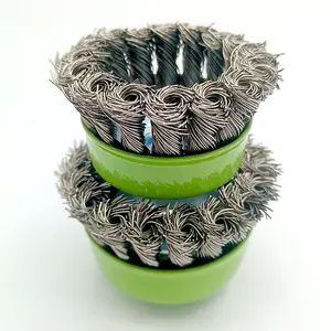 Premium büküm düğümlü paslanmaz çelik tel kupası fırçaları 65 mm çap yeşil fincan paslanmaz çelik fırçalar
