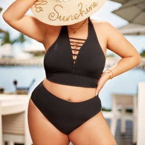 ชุดว่ายน้ำเอวสูงผ้ายืด/ไนลอนสีดำเซ็กซี่ปี 2023 บิกินี่ผู้หญิงไซส์ใหญ่ 2 ชิ้น ชุดอาบน้ำแบบผูกคอโชว์หลัง - Product Image 3