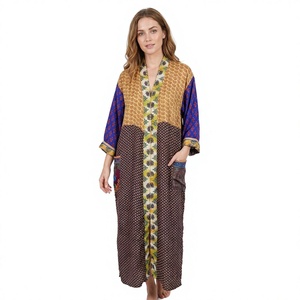 Bata Kimono Elegante Vintage para Mujer, Estampado Floral Sólido, Transpirable, de Satén, Larga, para Verano y Playa, con Cierre de Cinturón, Estilo Patchwork, Ropa de Dormir - Product Image 1