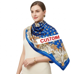 <span class=keywords><strong>Foulard</strong></span> in <span class=keywords><strong>Seta</strong></span> <span class=keywords><strong>Blu</strong></span> Personalizzato con Logo del Marchio per Donne, Motivo con Ornamenti Dorati, Hijab Quadrato in Raso 90cm - Product Image 1