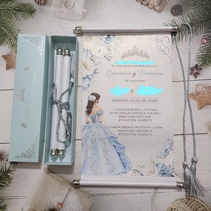 Invitación de 15 Años con Temática de <span class=keywords><strong>Cenicienta</strong></span> en Azul Claro, con Caja de Recuerdo, Borla Plateada y Tarjetas de Invitación de Boda - Product Image 1