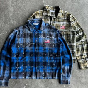 Camicia da <span class=keywords><strong>uomo</strong></span> vintage effetto sbiadito con <span class=keywords><strong>collo</strong></span> a revers, a quadri, a maniche lunghe in flanella con borchie in strass, stile streetwear - Product Image 6