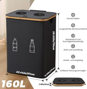 Cesta de Lavanderia Retangular 160L com Tecido Material 2 Compartimentos para Depósito Garrafas Coleta Recipiente com Tampa - Product Image 4