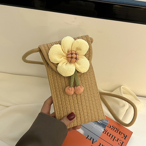 Woven Mobile Phone Bag Vertical <b>Square</b> Khaki Off White Flower Design Portable Everyday Outfits Summer 2022 - Product Image 4