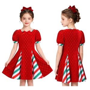 Girls Velvet Christmas Dresses Puff Sleeve Candy Cane Stripe Cuff Bow Glitter Lattice Xmas Party Dress Kids Custom Stage Shows - Product Image 2