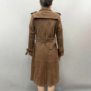 Nouveau design <span class=keywords><strong>Trench</strong></span>-Coat café en cuir sudé de couleur unie Veste en cuir de vachette mi-longue pour femmes avec ceinture - Product Image 2