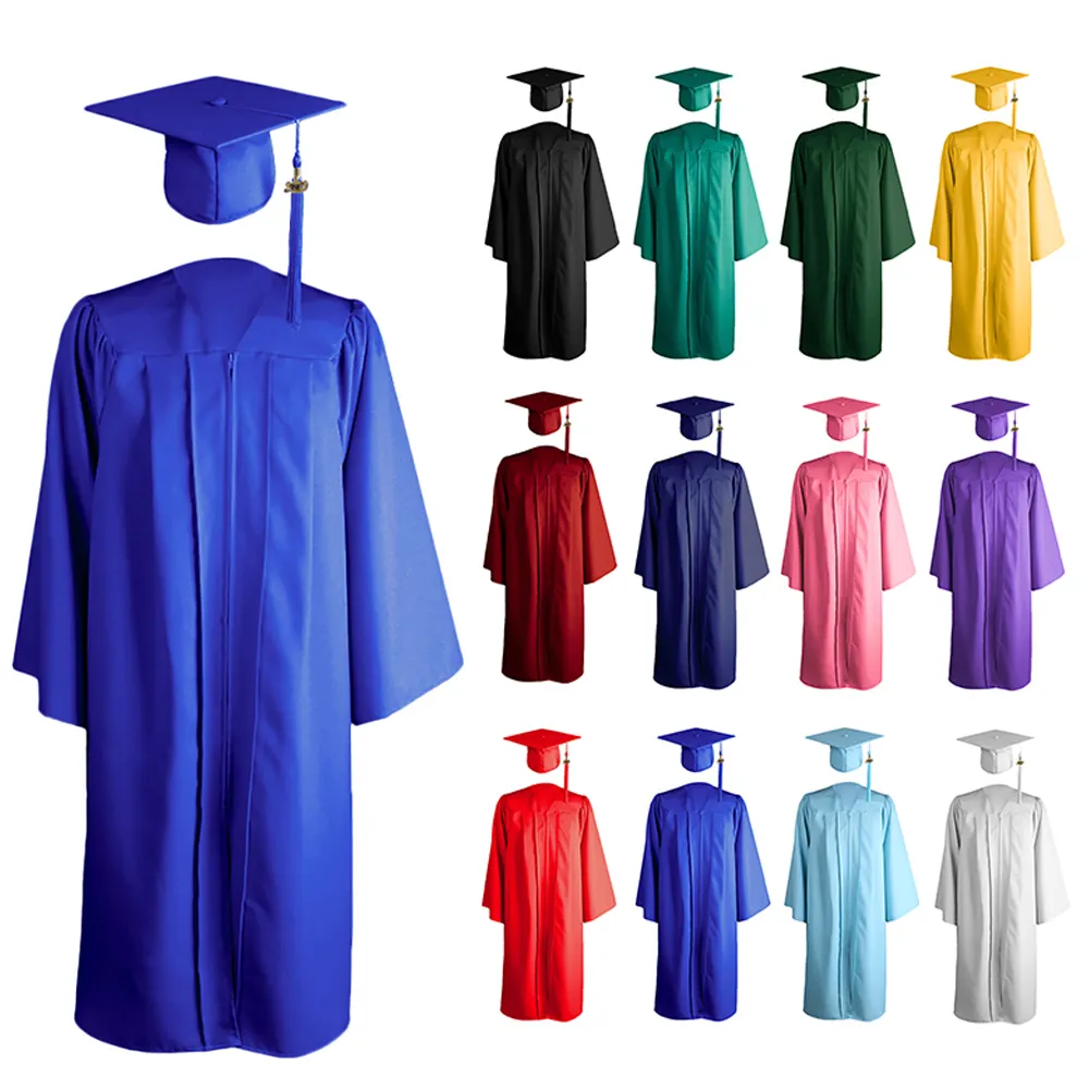 Vestido de graduación azul real mate de economía universitaria Gorro y vestido de Graduación