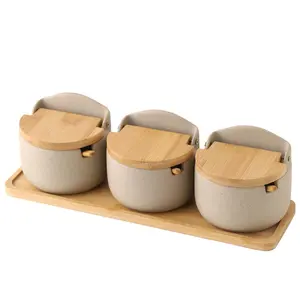 Customized Grey Stoneware Condiment Canister Set with Bamboo Tray