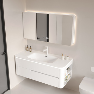 Minimalist Wall-Mounted Bathroom Vanity With Ceramic Basin And Smart Mirror 60 In Painted Finish Soft Closing Drawers - Product Image 3