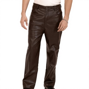 <b>Men</b> Brown <b>Leather</b> <b>Pants</b> Straight Fit High Waist Casual Zipper Fly Side Pockets Woven Polyester Winter Wear Midweight High - Product Image 4