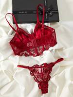 Conjunto de Lencería Sexy Transparente con Corsé y Sujetador Rojo de Encaje con Control Ligero para Mujeres y Chicas
